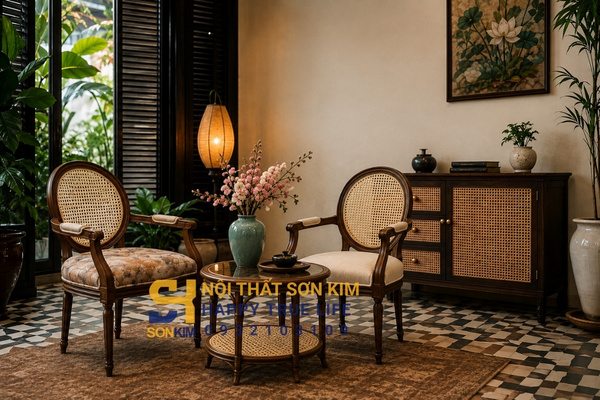 Đồ nội thất mây tre đan gồm ghế Louis lưng mây và bàn mây tre