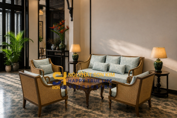 Nội thất mây tre đan phong cách Indochine trong không gian phòng khách