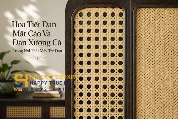 Họa tiết đan mắt cáo và đan xương cá trong nội thất mây tre đan