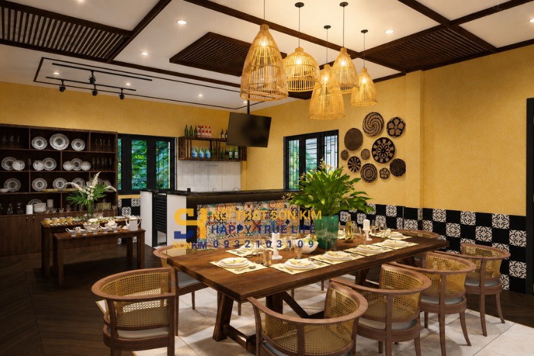 Decor nhà hàng phong cách Đông Dương đèn tranh bình phong