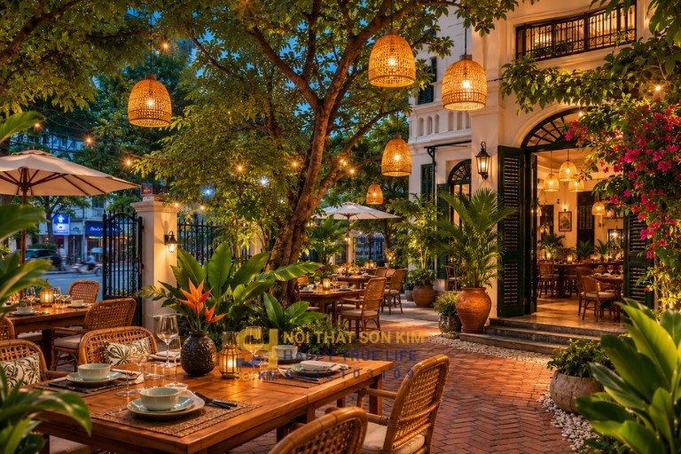 Mẫu nhà hàng Indochine outdoor sân vườn mây teak