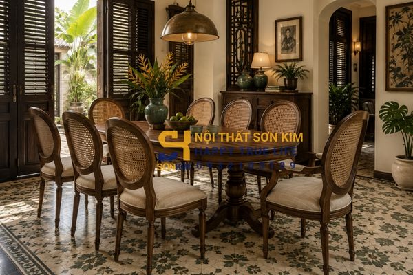 Chất liệu gỗ tần bì và mây đan trong phòng ăn Indochine