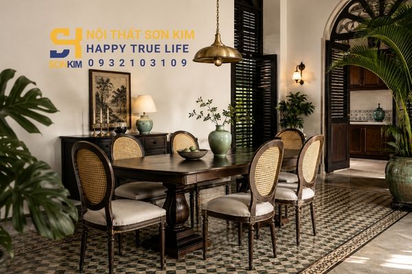 Phòng ăn Indochine sang trọng với bàn gỗ tần bì và ghế Louis
