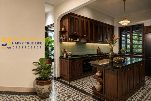 Phòng bếp Indochine phong cách Đông Dương với tủ bếp gỗ và gạch bông