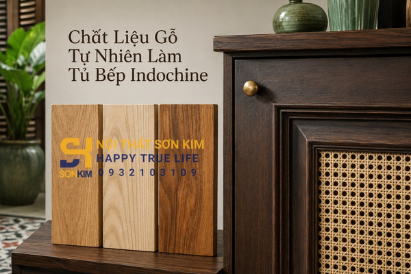 Chất liệu gỗ tự nhiên làm tủ bếp Indochine