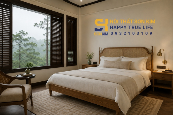 Phòng ngủ Indochine hiện đại tone trắng ngà và gỗ tự nhiên