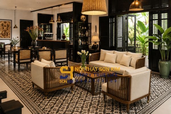 Nội thất phòng khách Indochine cho cafe homestay