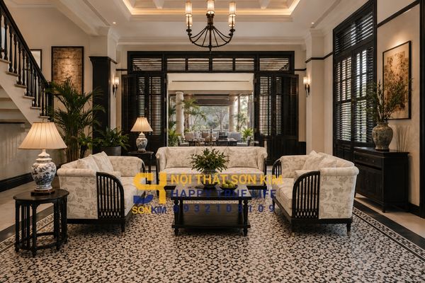 Thiết kế phòng khách phong cách Đông Dương cho biệt thự