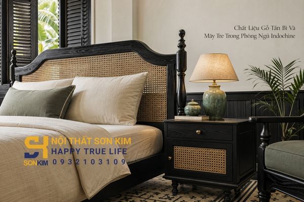 chất liệu gỗ tần bì và mây tre trong phòng ngủ Indochine