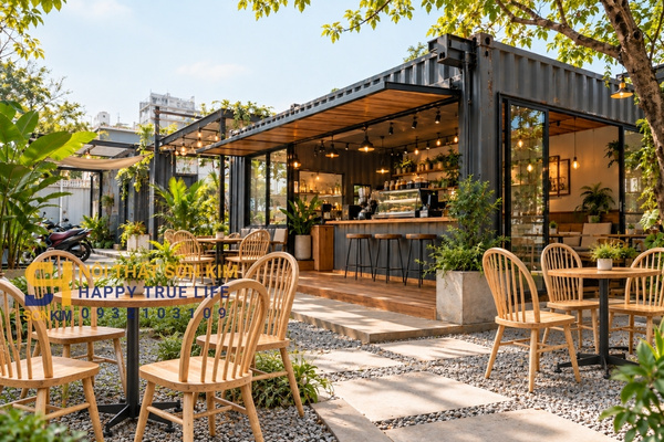 Bàn ghế gỗ cao su cho quán cafe container sân vườn
