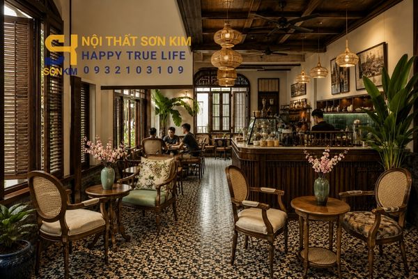 Toàn cảnh quán cà phê phong cách Indochine với gỗ nâu, gạch bông và cửa lá sách