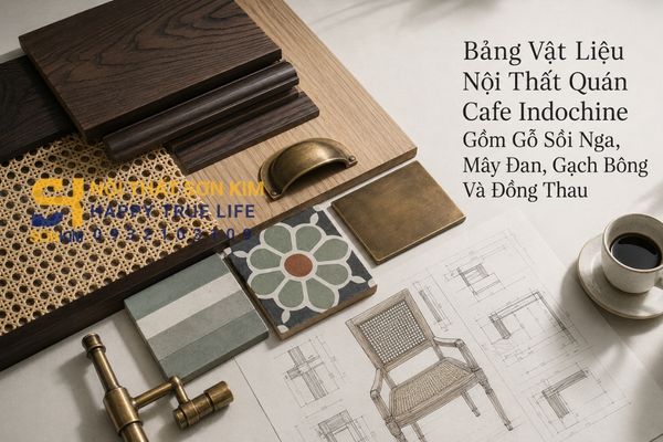 Bảng vật liệu nội thất quán cafe Indochine gồm gỗ sồi Nga, mây đan, gạch bông và đồng thau
