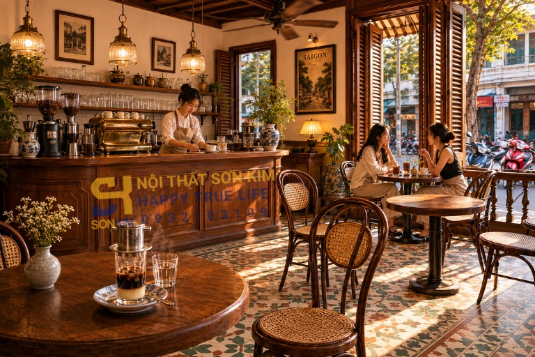 Thi công nội thất Indochine cho quán cafe trọn gói
