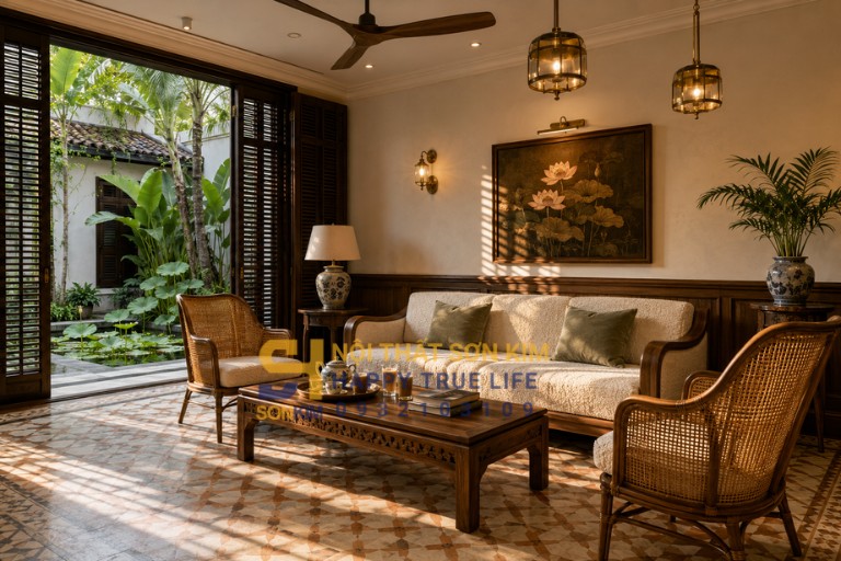 Đặt đóng nội thất Indochine cho phòng khách biệt thự