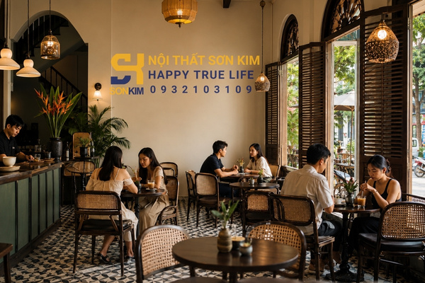 Nội thất Indochine cho quán cafe bàn ghế gỗ tần bì mây đan