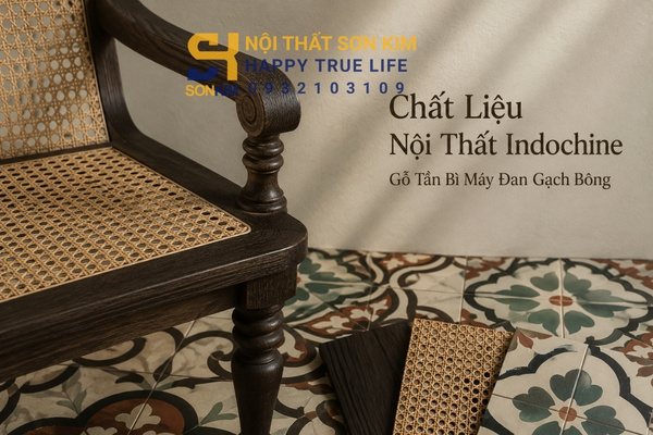 Chất liệu nội thất Indochine gỗ tần bì mây đan gạch bông
