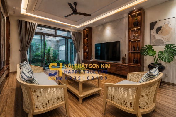 Sofa gỗ tự nhiên cao cấp phối đồng bộ nội thất phòng khách sang trọng