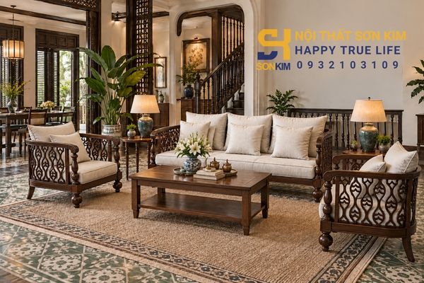 Sofa gỗ tự nhiên Indochine phong cách Đông Dương trong phòng khách villa