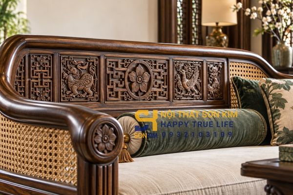 Họa tiết kỷ hà hoa mai tứ linh trên sofa Indochine gỗ tự nhiên
