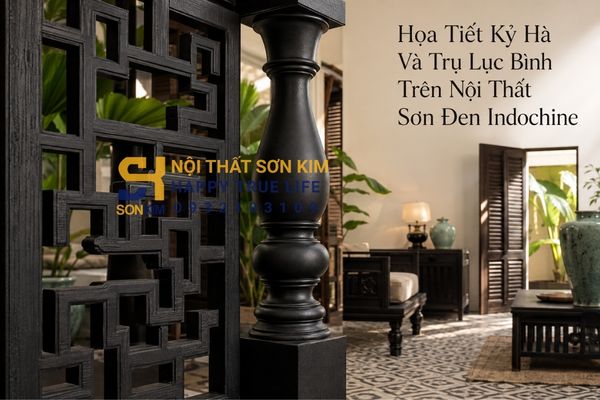 Họa tiết kỷ hà và trụ lục bình trên nội thất sơn đen Indochine