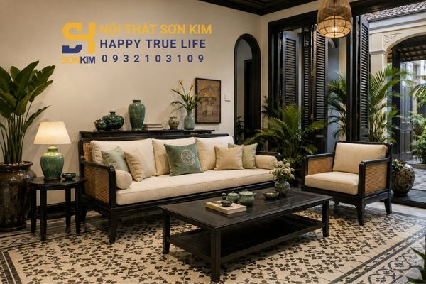 Bộ sofa Indochine gỗ đen phong cách Đông Dương