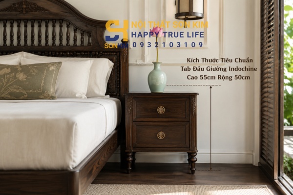 Kích thước tiêu chuẩn tab đầu giường Indochine cao 55cm rộng 50cm