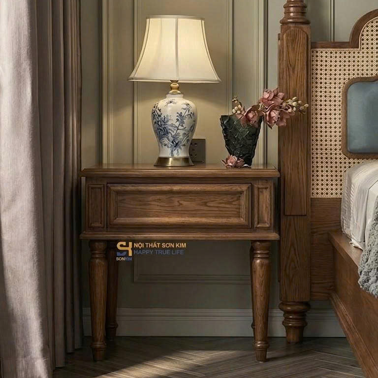 Tab đầu giường Indochine gỗ sồi Nga phong cách Đông Dương