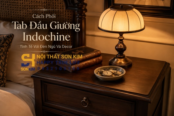Cách phối tab đầu giường Indochine tinh tế với đèn ngủ và decor
