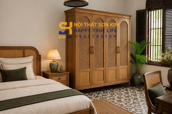 Tủ quần áo Indochine gỗ tự nhiên cánh mây tre đan trong phòng ngủ Đông Dương