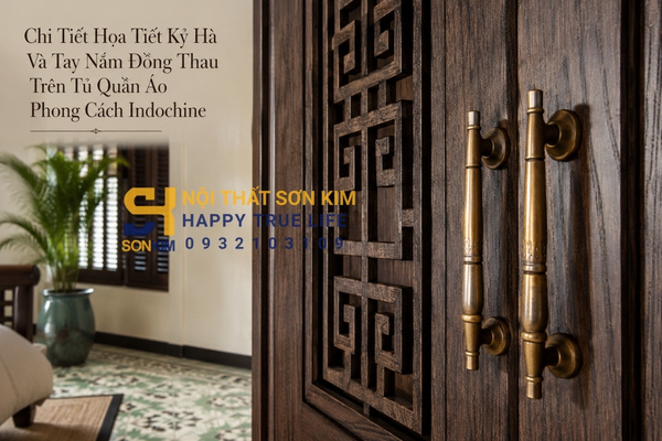 Chi tiết họa tiết kỷ hà và tay nắm đồng thau trên tủ quần áo phong cách Indochine