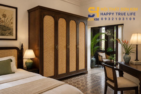 Tủ quần áo Đông Dương khung gỗ phối mây đan cho homestay villa