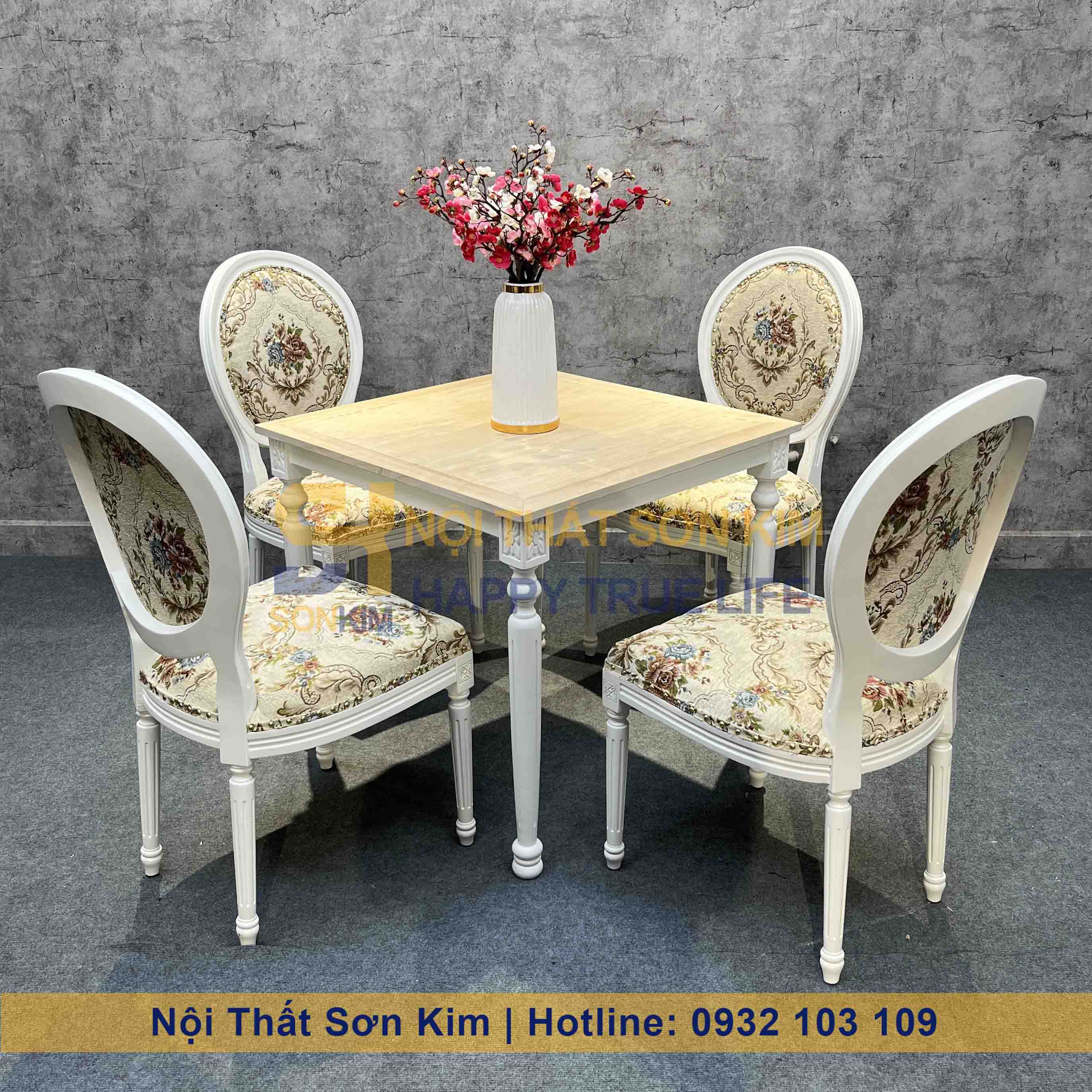 Bàn Ăn Louis và Ghế Louis Sơn Trắng BGC261