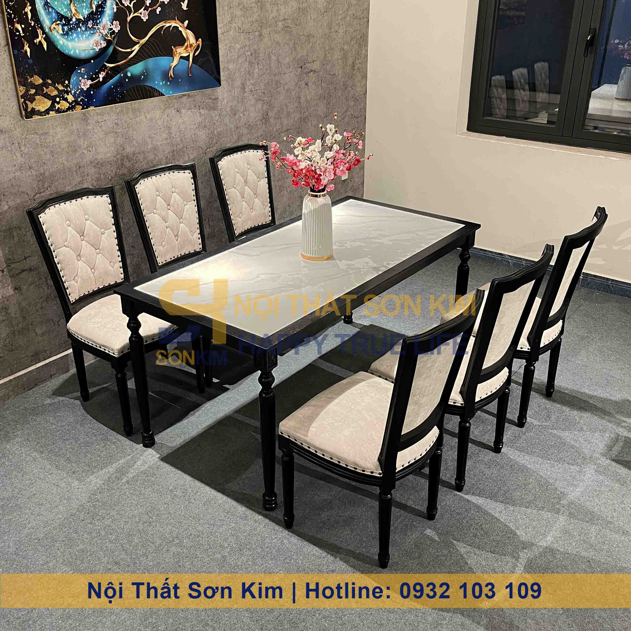 Bàn Ăn Louis Và Ghế Louis Lưng Vuông Sơn Đen BGA45