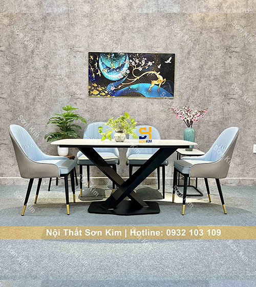 Bàn ghế ăn chân X ghế Monet bọc da BGD66