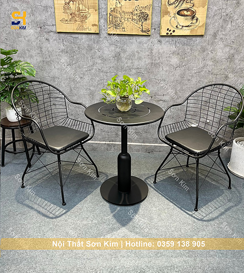 Bàn ghế cafe BGC202 sắt lưới có tay hiện đại sang trọng