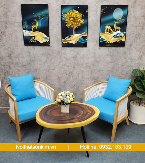 Bàn ghế cafe gỗ BGC155 mẫu bàn ghế cafe độc đáo màu xanh mây trời