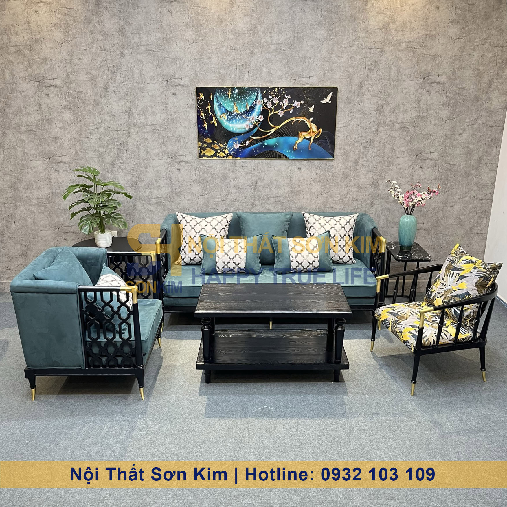 Bộ Sofa CHAWOO và bàn Sofa chân tiện gỗ đen BGC223