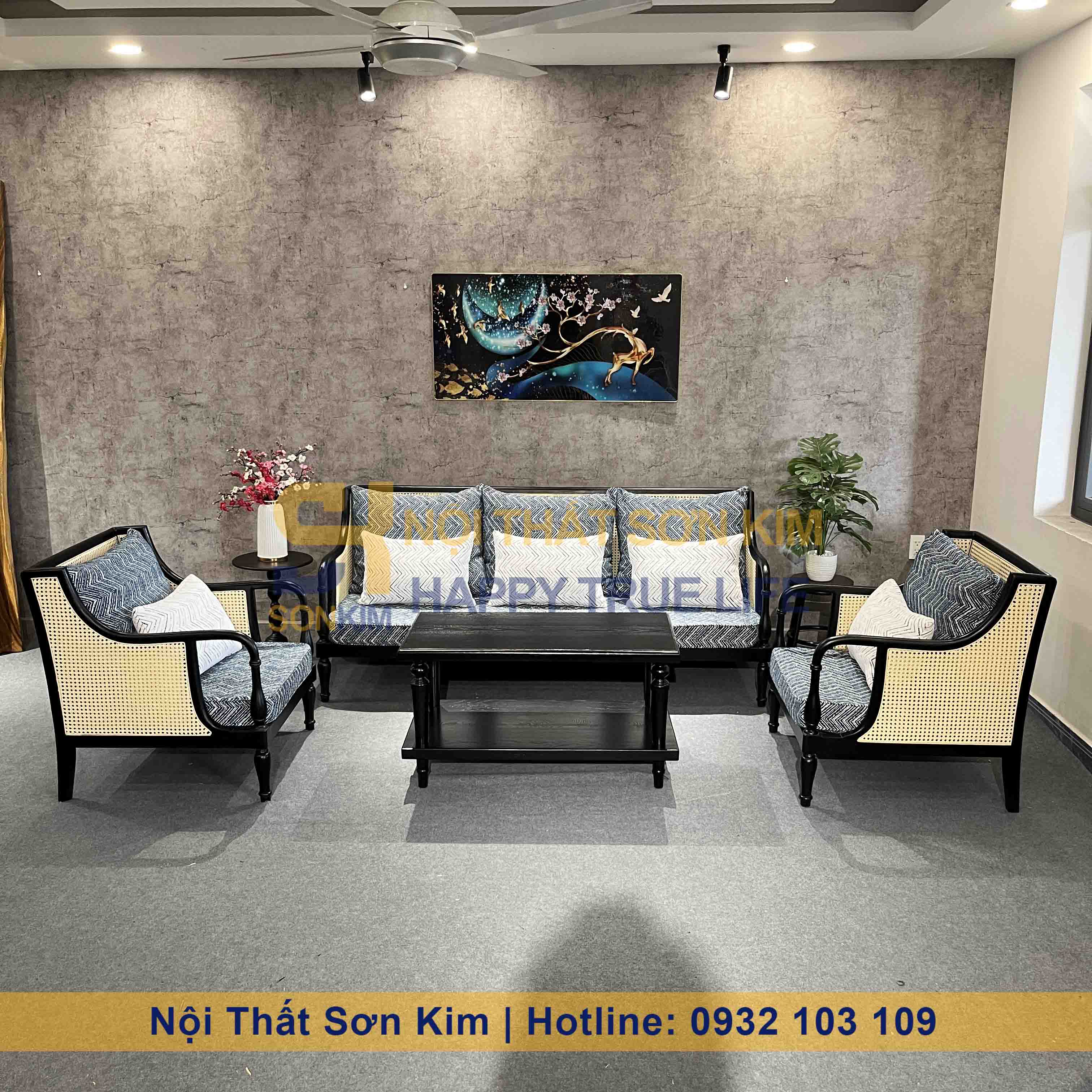 Bộ Sofa Club và Bàn Sofa Louis Gỗ Đen BGC284