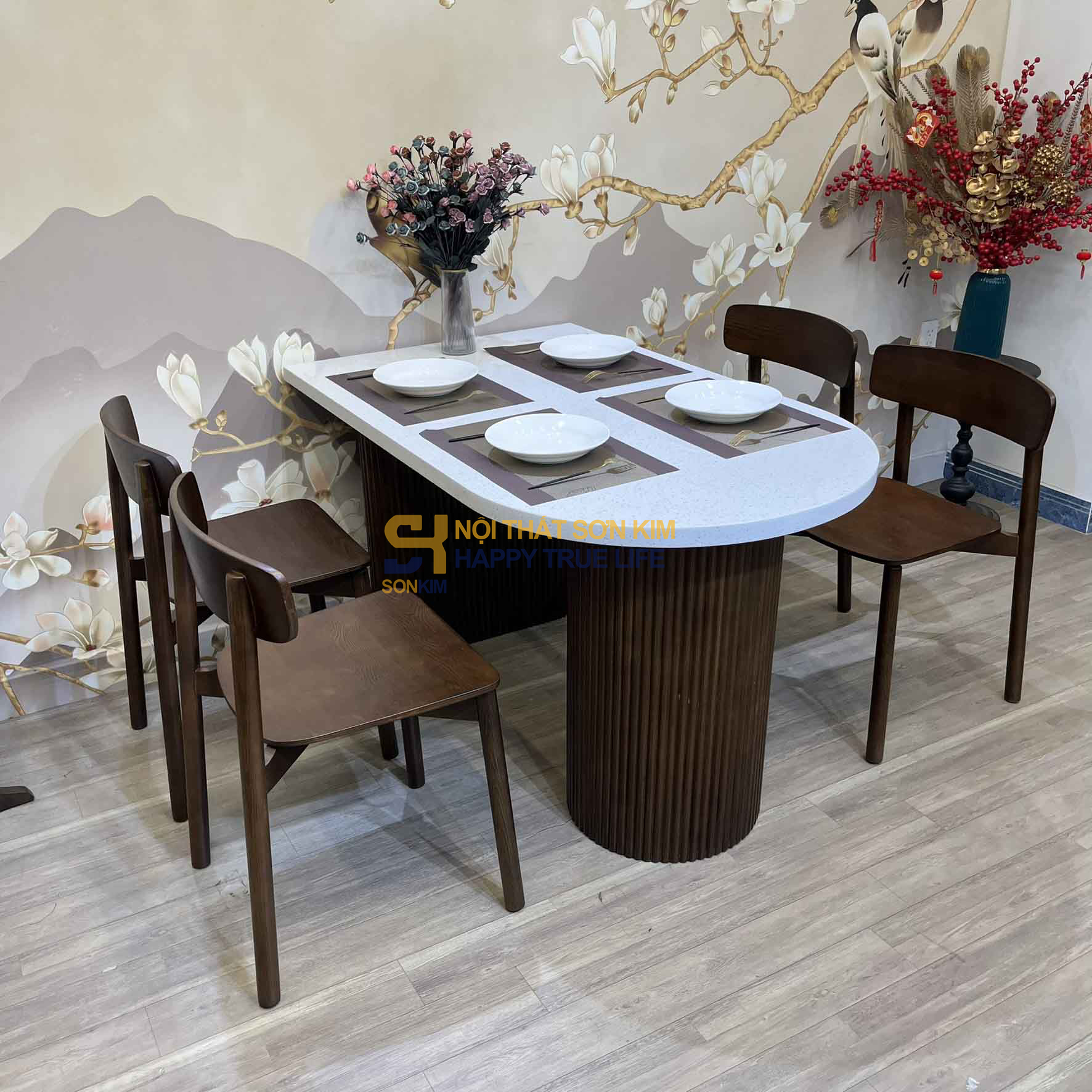 Bộ Bàn Ăn TERAZZO & Ghế Cross – Gỗ Tần Bì Sang Trọng, Hiện Đại