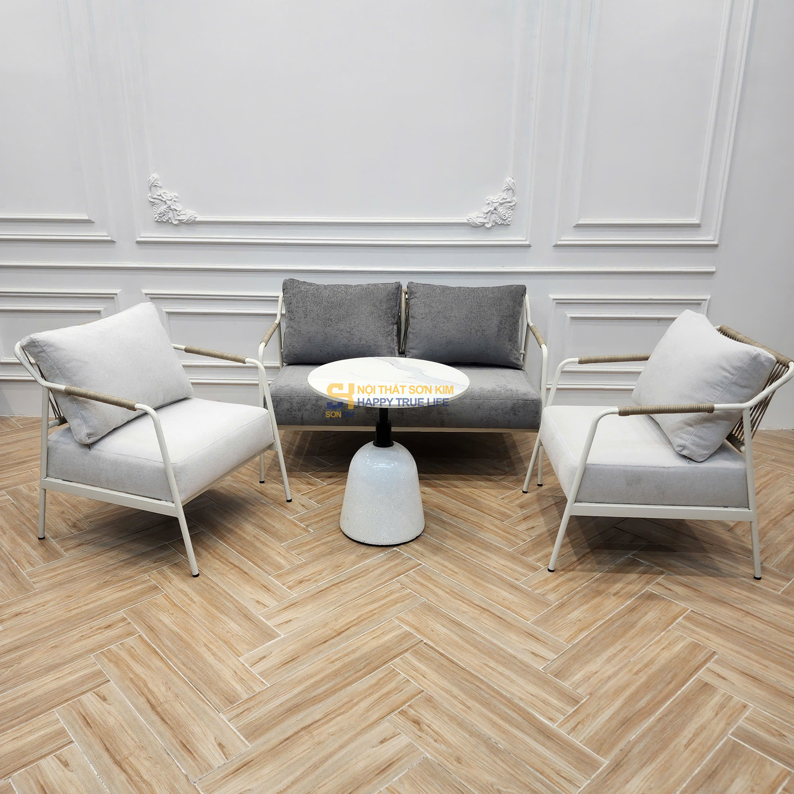 SOFA ĐAN DÂY BGC374 PHỐI MÀU XÁM – TRẮNG